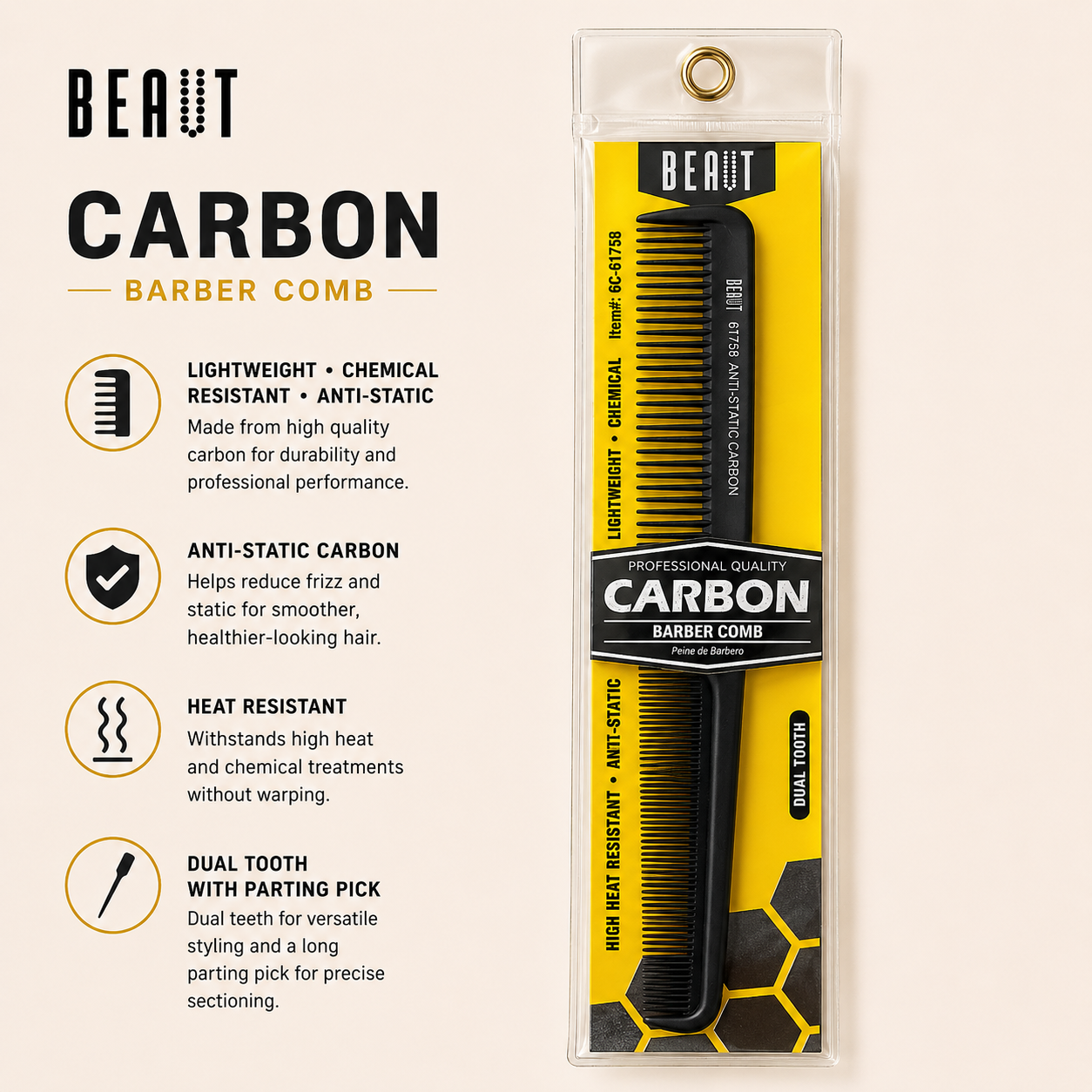 Beaut Carbon Fine Tooth Barber Comb