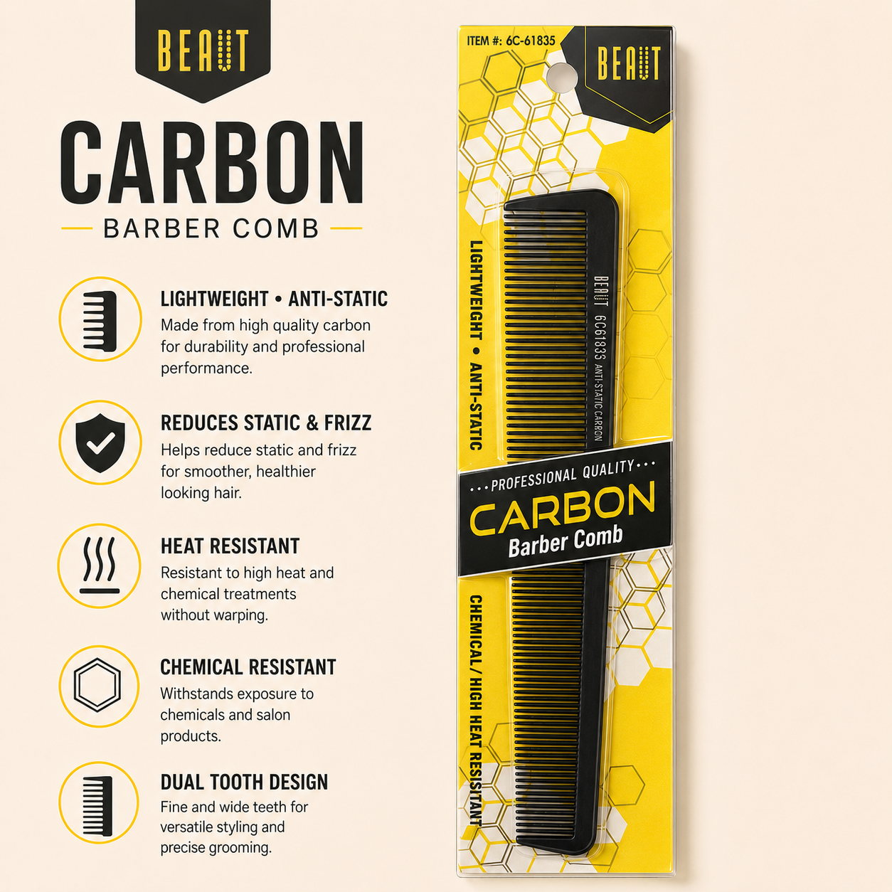Beaut Carbon Barber Comb – Dual Tooth
