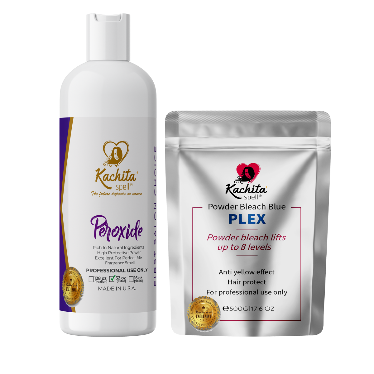 Aclarador en polvo Kachita Spell Bleach Blue Dust-Free Deco-Max + revelador Peróxido 20 % Crema morada