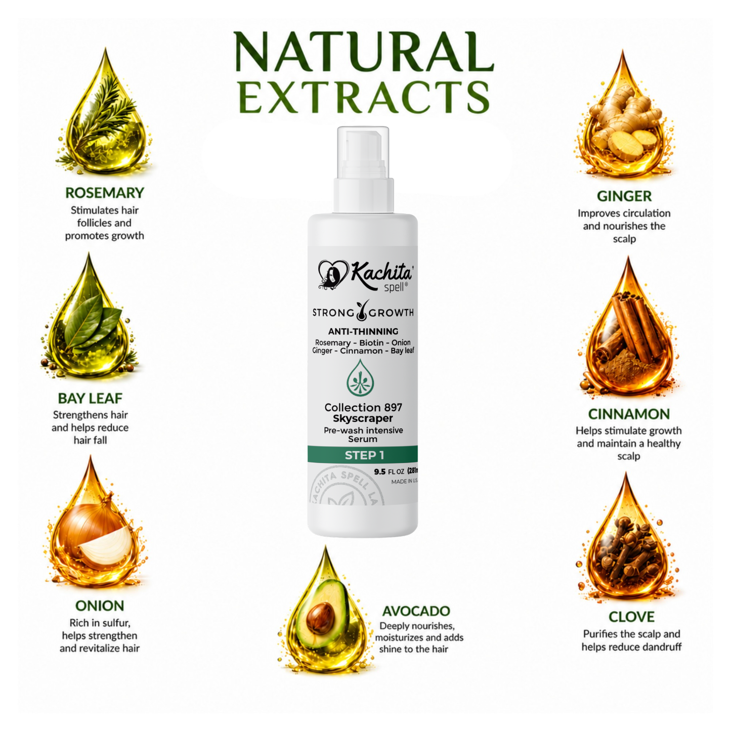 Kachita Spell Leave in Growth, Biotin, Onion, Rosemary, Ginger, Cinnamon, Bay Leaf, Volumizing Moisturizing for Soft Shine Hair, Hair Thinning Therapy Serum for Men and Women