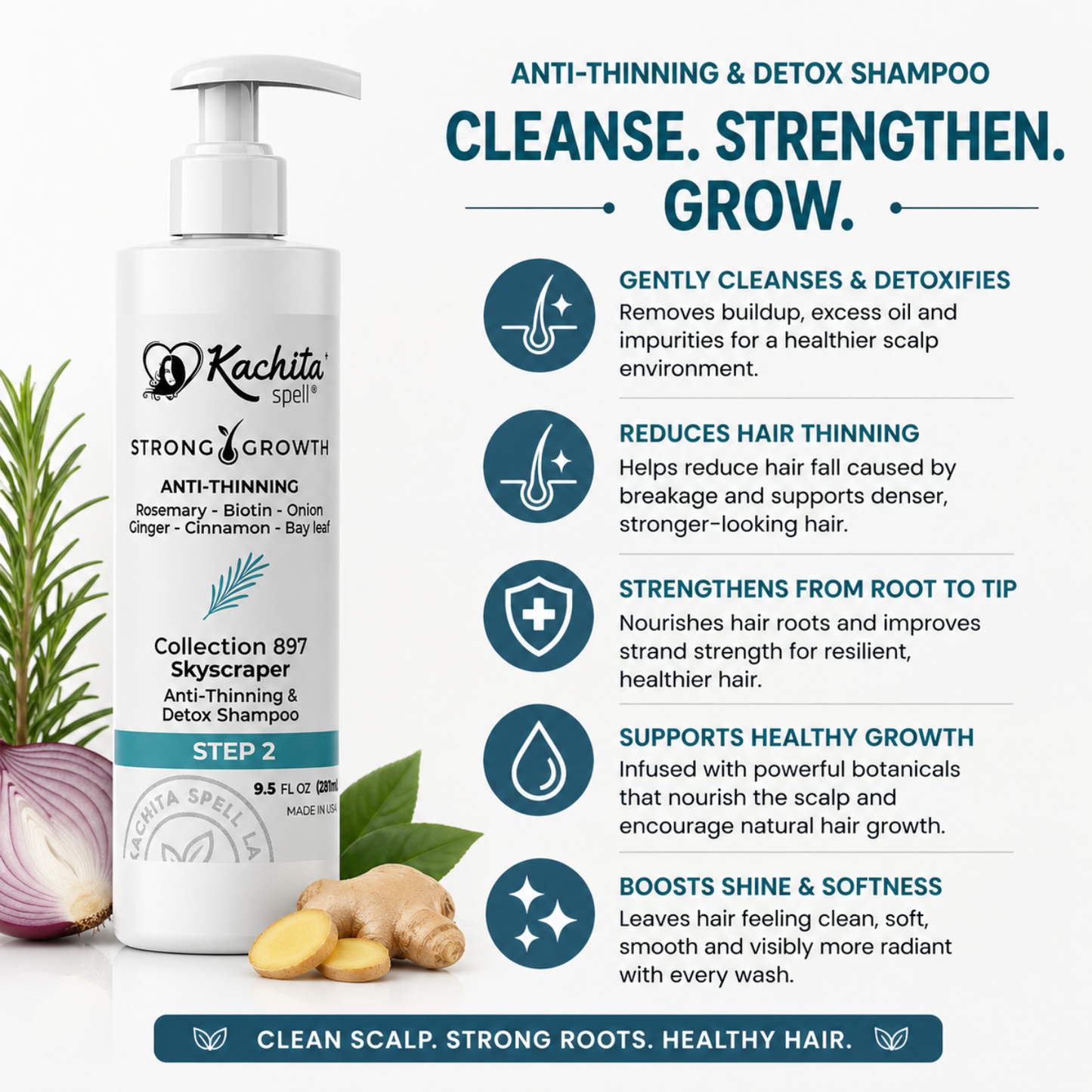 Kachita Spell Shampoo Growth, Biotin, Onion, Rosemary, Ginger, Cinnamon, Bay Leaf, Volumizing Moisturizing Treatment for Soft Shine Hair, Anti-Thinning Shampoo for Men and Women