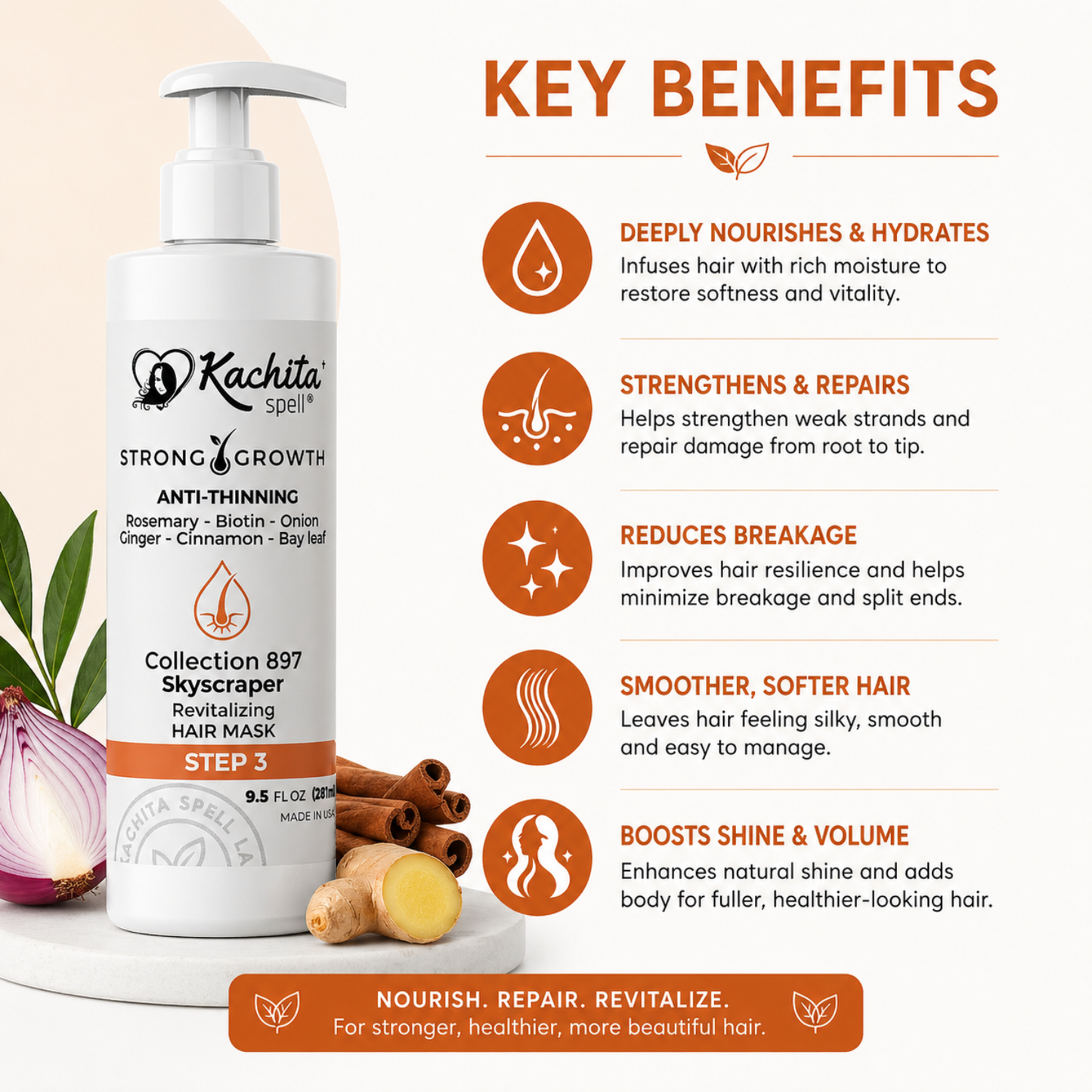 Kachita Spell Growth Hair Mask, Biotin, Onion, Rosemary, Ginger, Cinnamon, Bay Leaf, Volumizing Moisturizing Treatment for Soft Shine Hair, Anti-Thinning Treatment for Men and Women