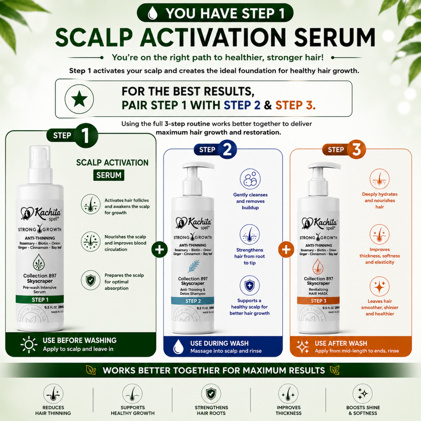 Kachita Spell Leave in Growth, Biotin, Onion, Rosemary, Ginger, Cinnamon, Bay Leaf, Volumizing Moisturizing for Soft Shine Hair, Hair Thinning Therapy Serum for Men and Women