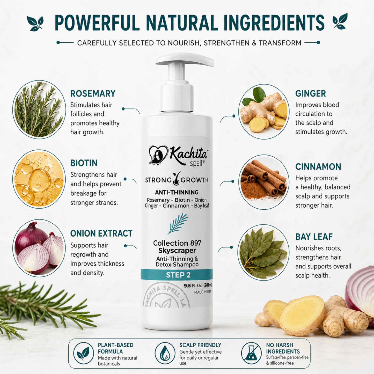 Kachita Spell Shampoo Growth, Biotin, Onion, Rosemary, Ginger, Cinnamon, Bay Leaf, Volumizing Moisturizing Treatment for Soft Shine Hair, Anti-Thinning Shampoo for Men and Women
