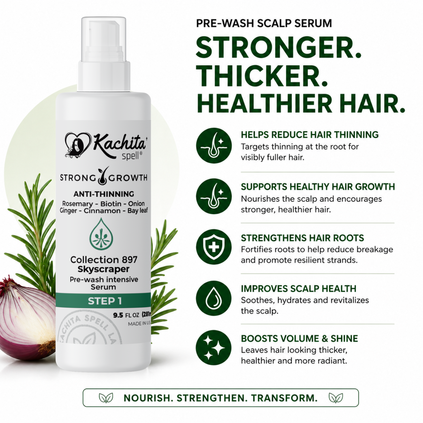 Kachita Spell Leave in Growth, Biotin, Onion, Rosemary, Ginger, Cinnamon, Bay Leaf, Volumizing Moisturizing for Soft Shine Hair, Hair Thinning Therapy Serum for Men and Women