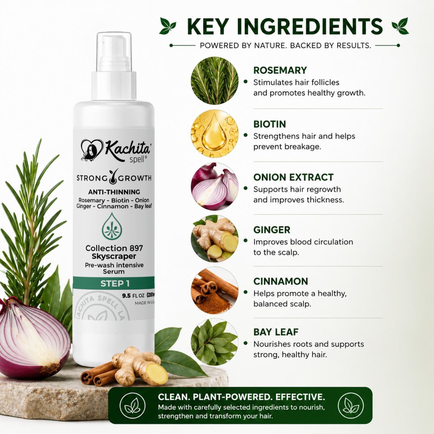 Kachita Spell Leave in Growth, Biotin, Onion, Rosemary, Ginger, Cinnamon, Bay Leaf, Volumizing Moisturizing for Soft Shine Hair, Hair Thinning Therapy Serum for Men and Women