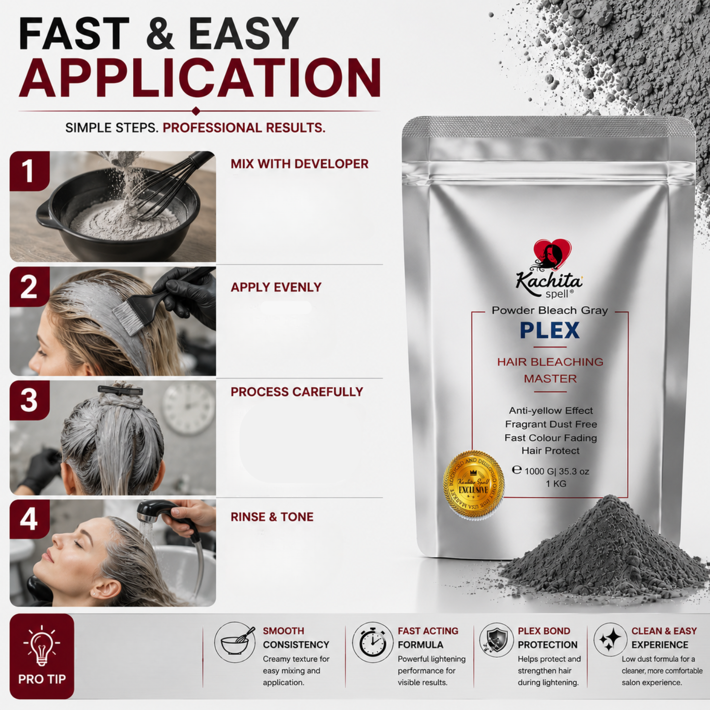 Aclarador en polvo Kachita Spell, gris decolorante con PLEX, sin polvo, 1 kg
