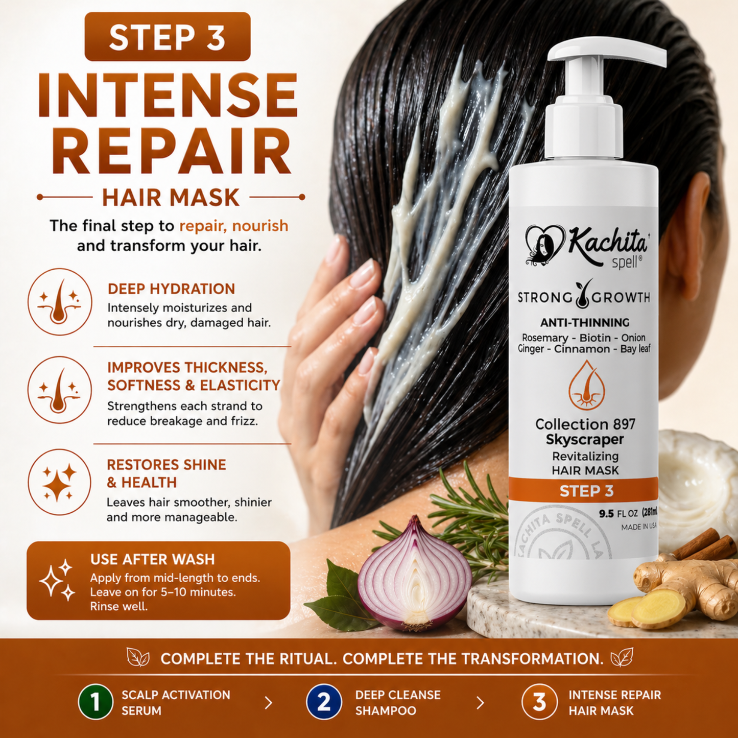 Kachita Spell Growth Hair Mask, Biotin, Onion, Rosemary, Ginger, Cinnamon, Bay Leaf, Volumizing Moisturizing Treatment for Soft Shine Hair, Anti-Thinning Treatment for Men and Women