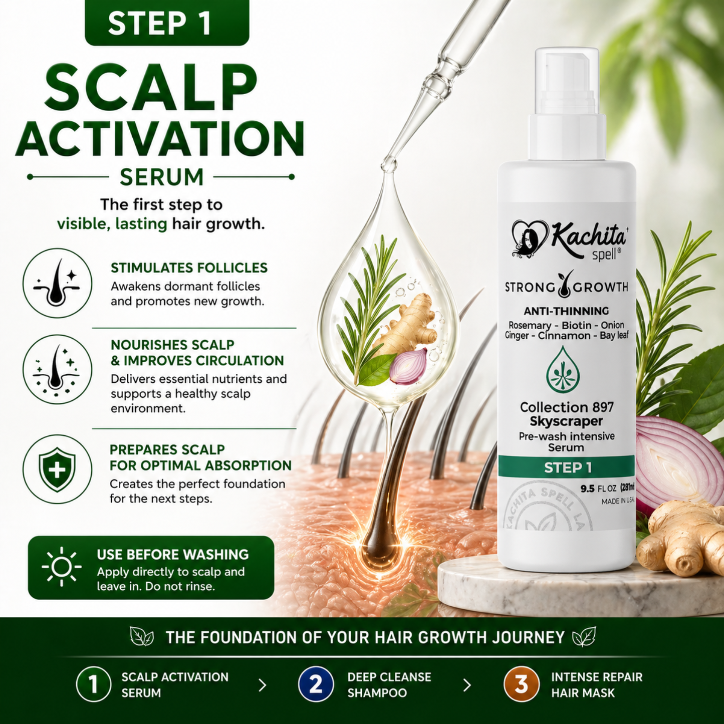 Kachita Spell Leave in Growth, Biotin, Onion, Rosemary, Ginger, Cinnamon, Bay Leaf, Volumizing Moisturizing for Soft Shine Hair, Hair Thinning Therapy Serum for Men and Women