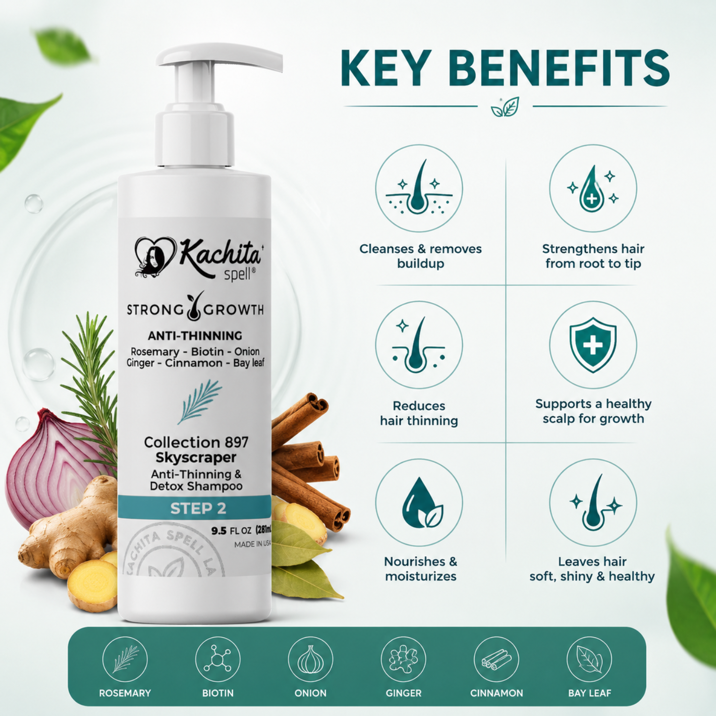 Kachita Spell Shampoo Growth, Biotin, Onion, Rosemary, Ginger, Cinnamon, Bay Leaf, Volumizing Moisturizing Treatment for Soft Shine Hair, Anti-Thinning Shampoo for Men and Women