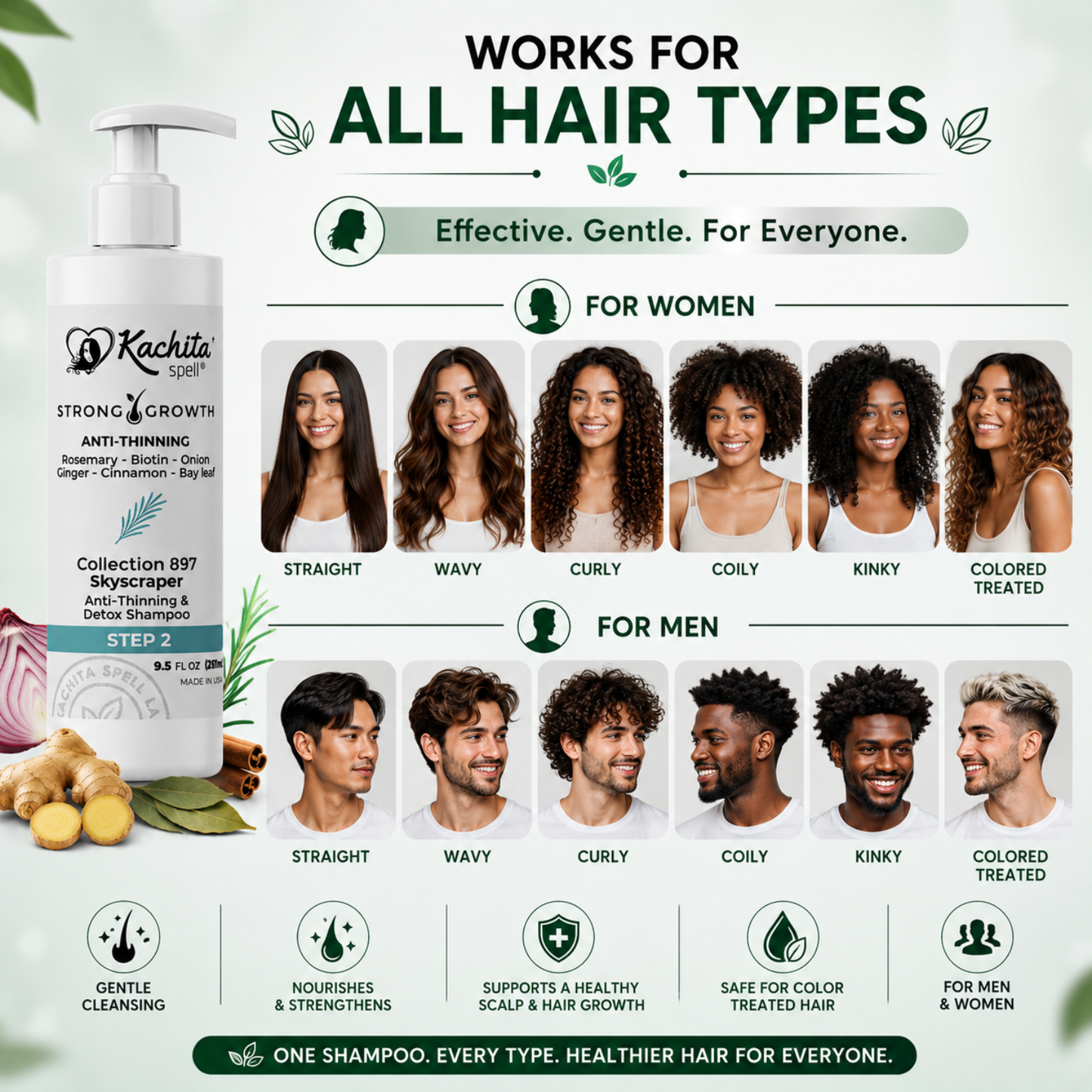 Kachita Spell Shampoo Growth, Biotin, Onion, Rosemary, Ginger, Cinnamon, Bay Leaf, Volumizing Moisturizing Treatment for Soft Shine Hair, Anti-Thinning Shampoo for Men and Women