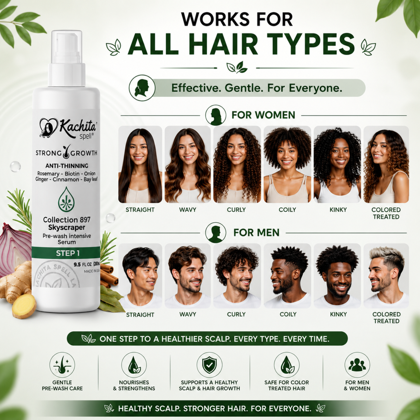 Kachita Spell Leave in Growth, Biotin, Onion, Rosemary, Ginger, Cinnamon, Bay Leaf, Volumizing Moisturizing for Soft Shine Hair, Hair Thinning Therapy Serum for Men and Women