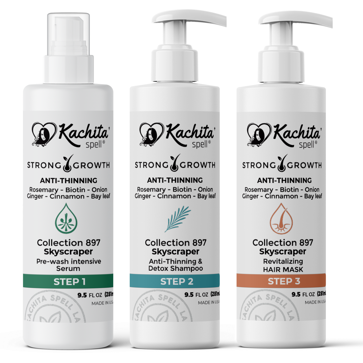 Kachita Spell Strong Hair Growth Collection Kit Shampoo, Hair Mask & Serum with Biotin, Onion, Rosemary, Ginger, Cinnamon & Bay Leaf Hair Care