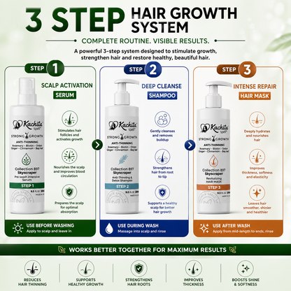 Kachita Spell Strong Hair Growth Collection Kit Shampoo, Hair Mask & Serum with Biotin, Onion, Rosemary, Ginger, Cinnamon & Bay Leaf Hair Care
