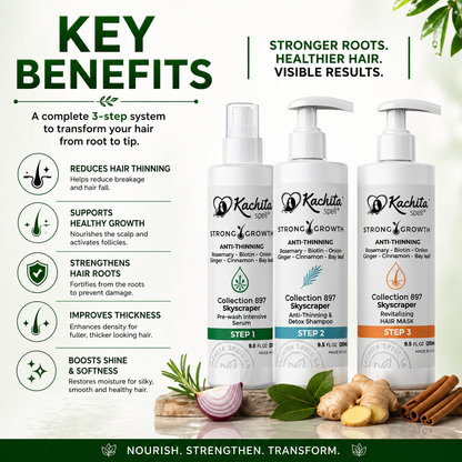 Kachita Spell Strong Hair Growth Collection Kit Shampoo, Hair Mask & Serum with Biotin, Onion, Rosemary, Ginger, Cinnamon & Bay Leaf Hair Care